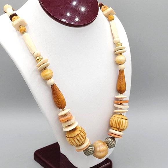 Wooden Brown White Beaded Chunky Necklace Gold Tone Metal Hook Clasp 28 in - Picture 3 of 10